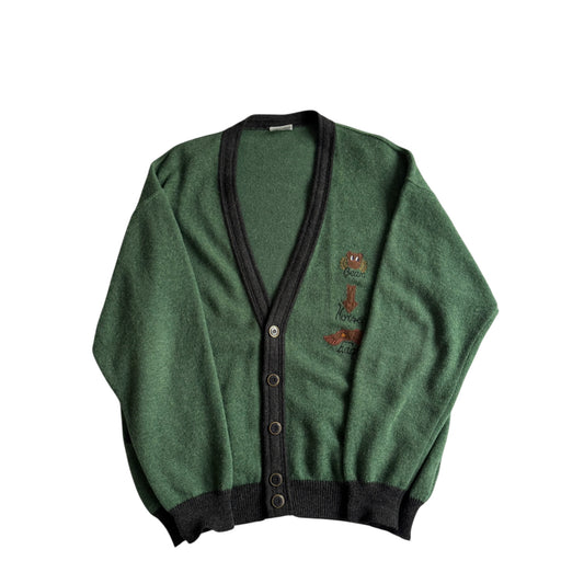 🐻 Cardigan Vintage Verde cu Broderie Animal – XL Bărbați