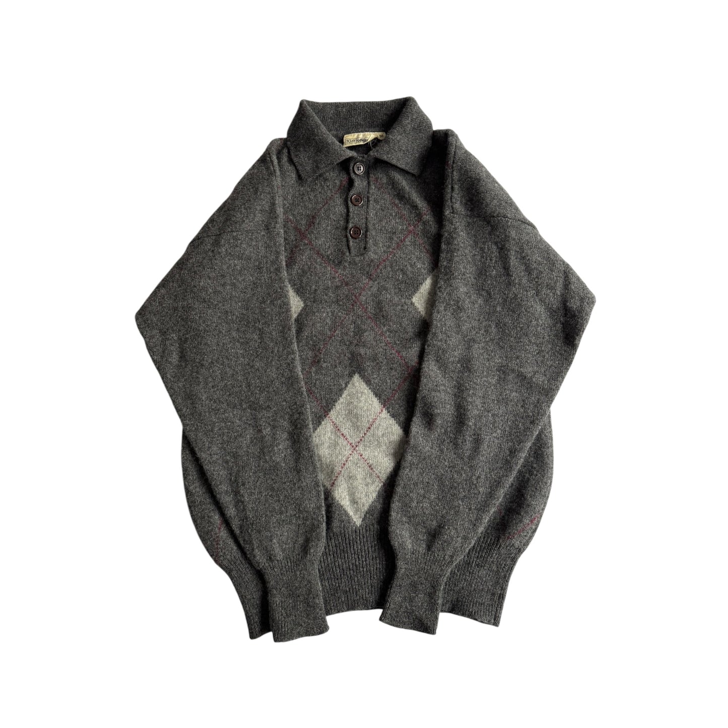 🧶 Pulover Vintage Bărbați Gri din Lână Virgină cu Guler Polo și Pattern Argyle – L