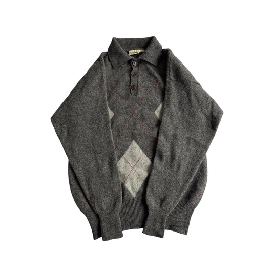 🧶 Pulover Vintage Bărbați Gri din Lână Virgină cu Guler Polo și Pattern Argyle – L