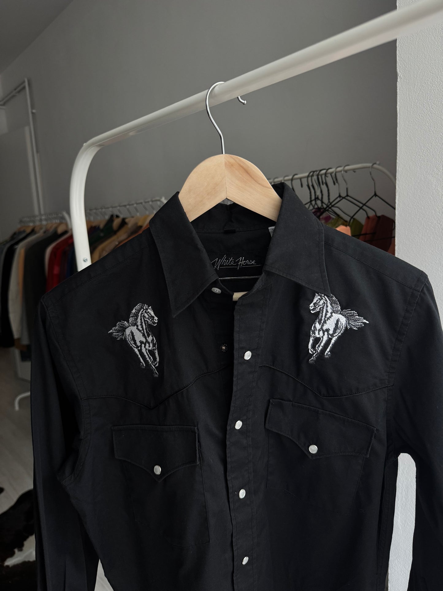🤠 Cămașă Cowboy Vintage Neagră | broderie Cal & Nasturi Snap – S Bărbați