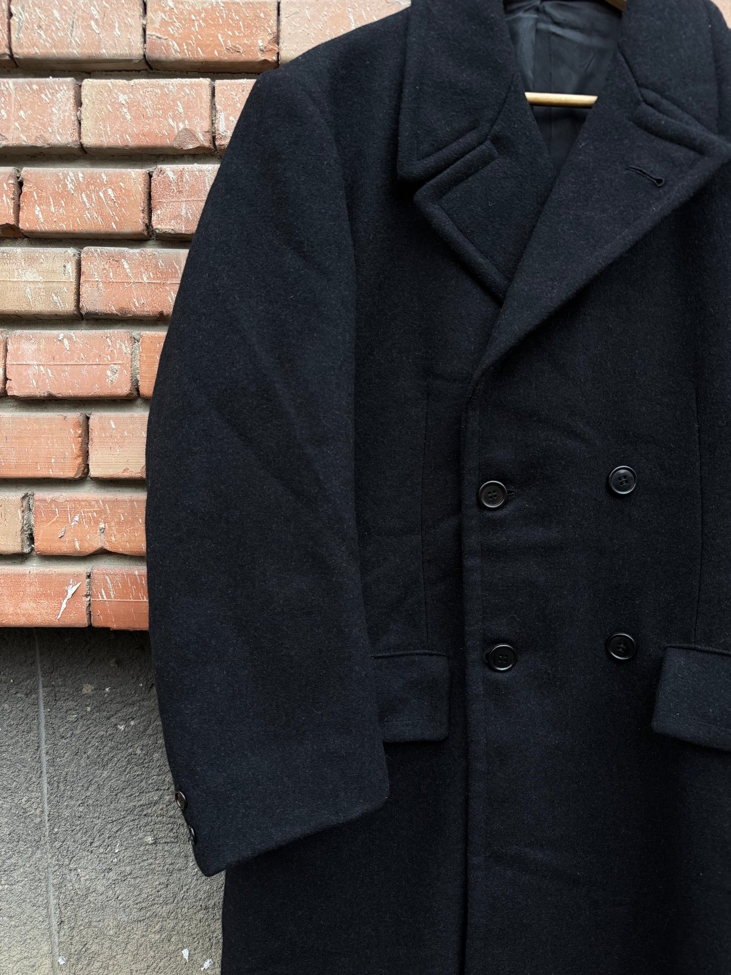 🧥 Palton Vintage Bărbați Negru Double Breasted din Lână Pură – Marimea EU 50 (L)