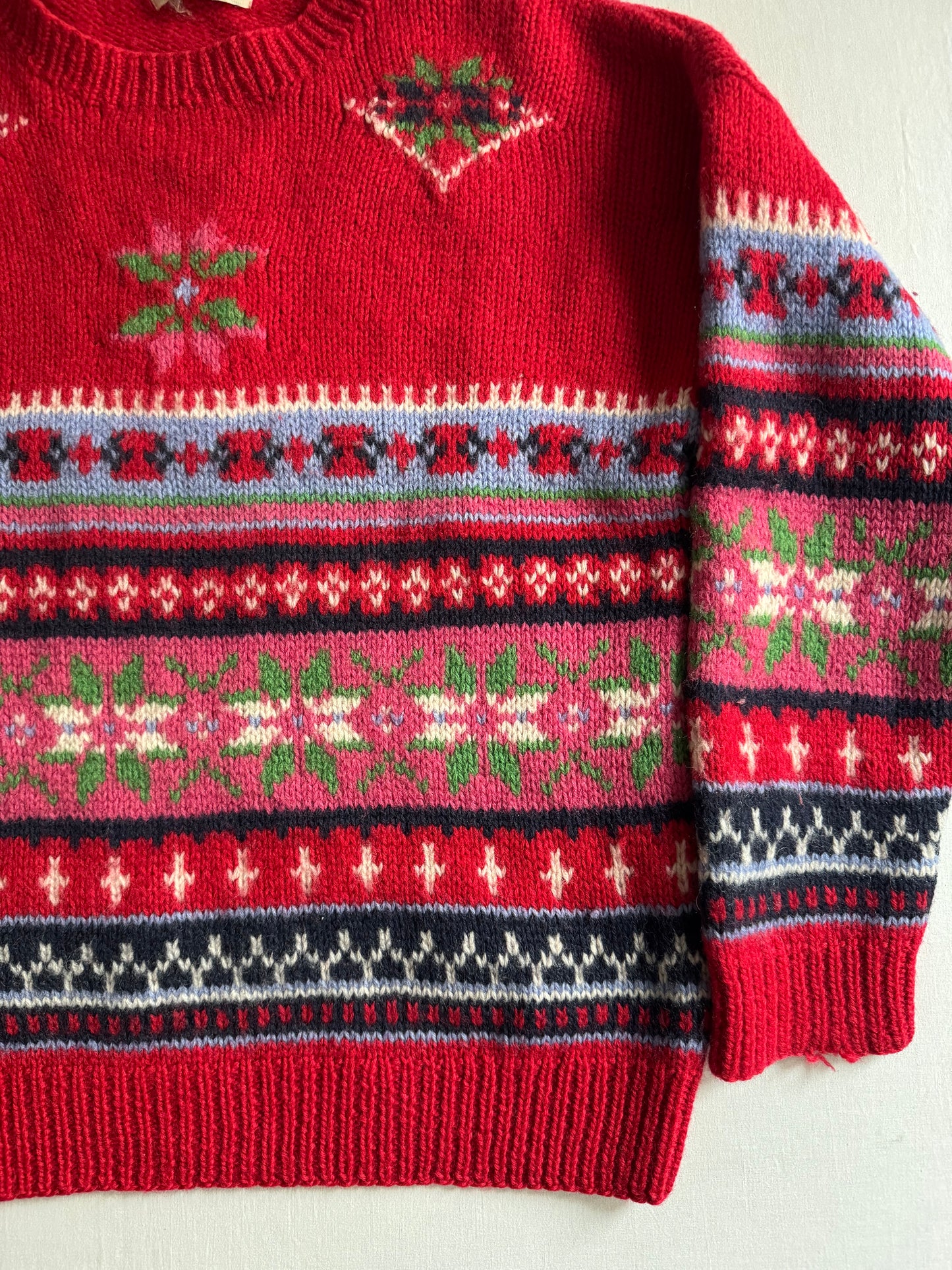 ❤️ Pulover Vintage Roșu cu Model Festiv – 100% Lână – Mărime M