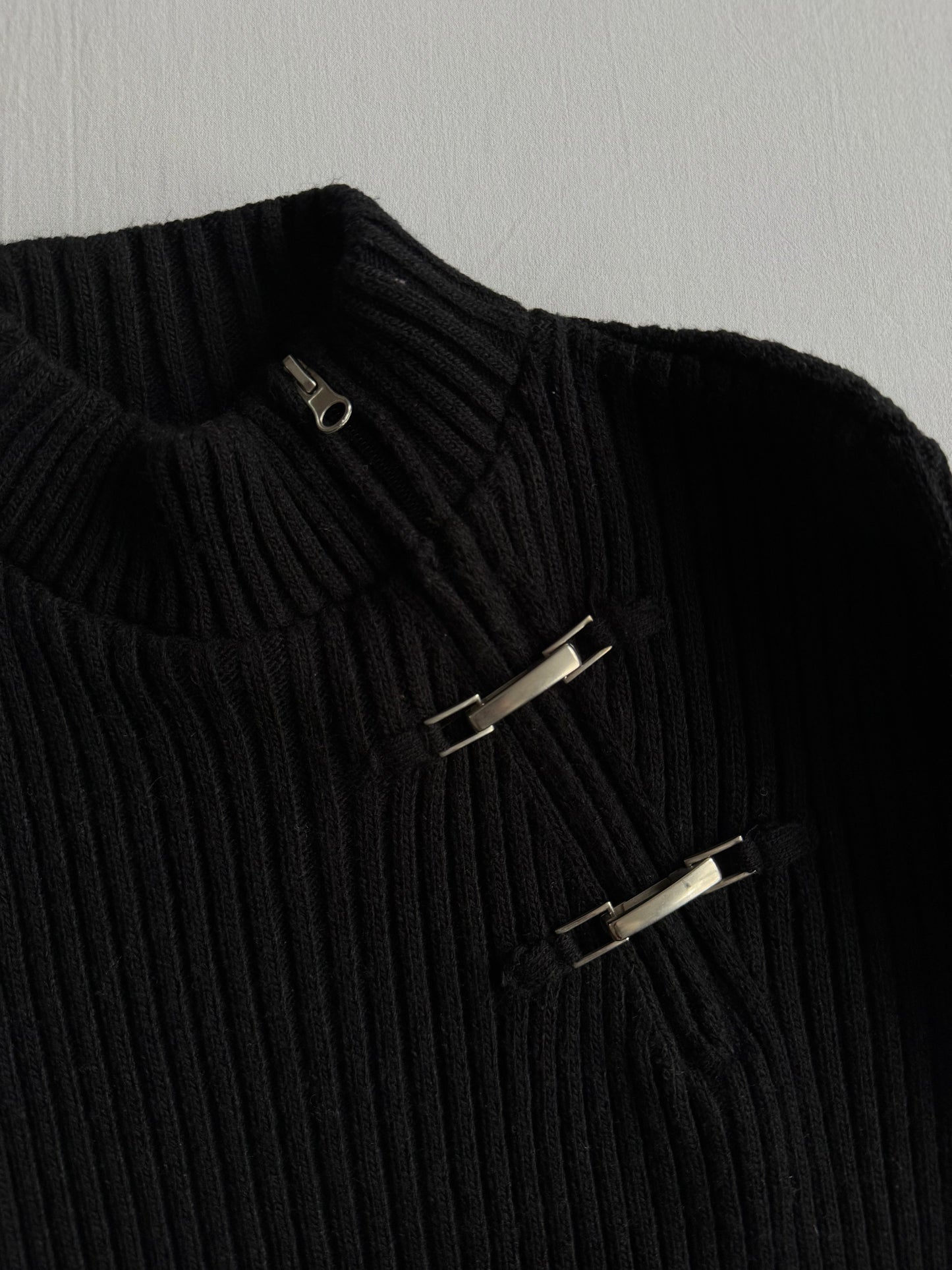 🧶 Pulover Y2K Bărbați Negru din Blend de Lână cu Fermoar Diagonal – M