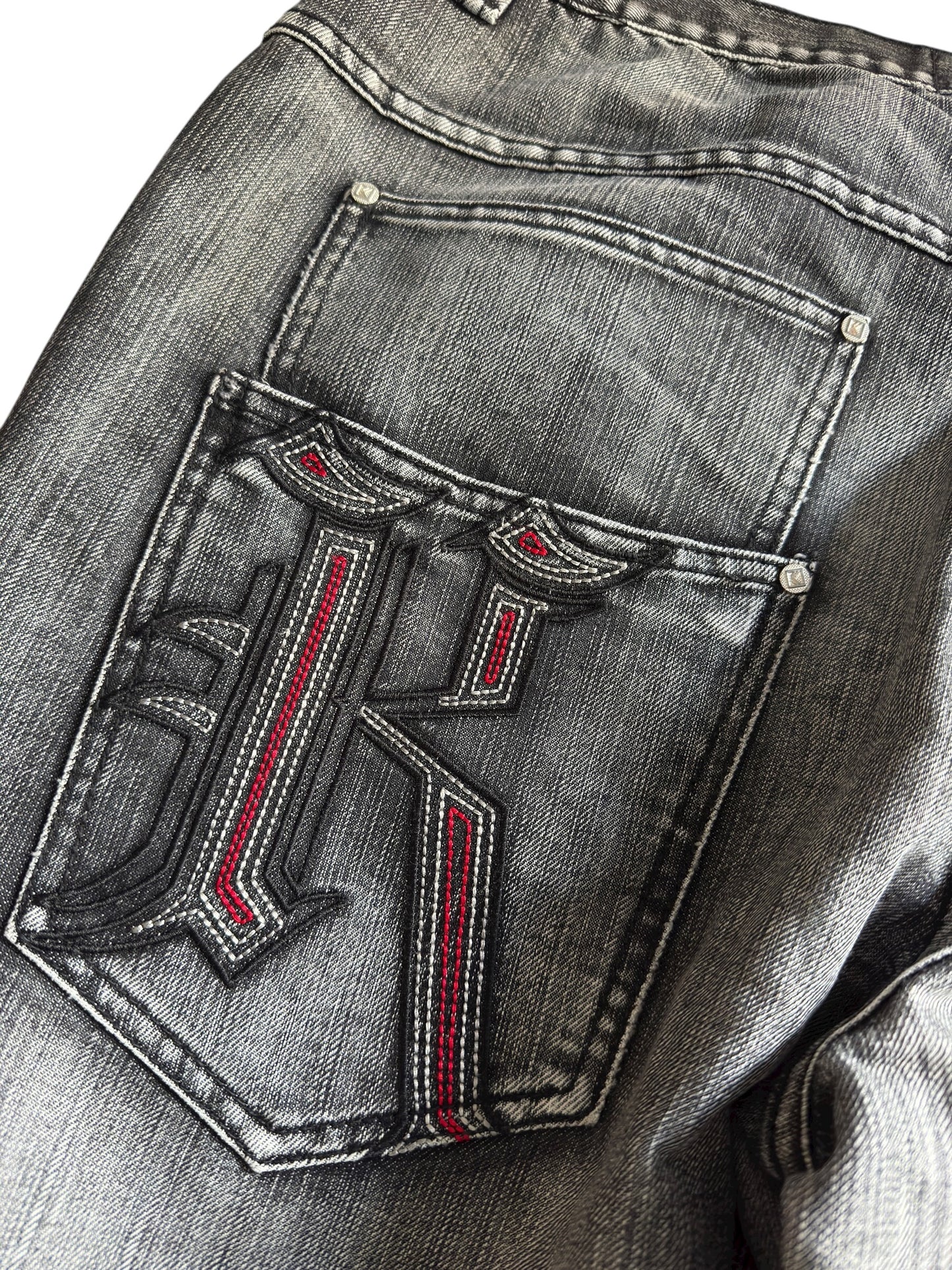 🎙️ Y2K Karl Kani Washed Black Baggy Jeans – W36 x L34 – Embroidered & Printed Details