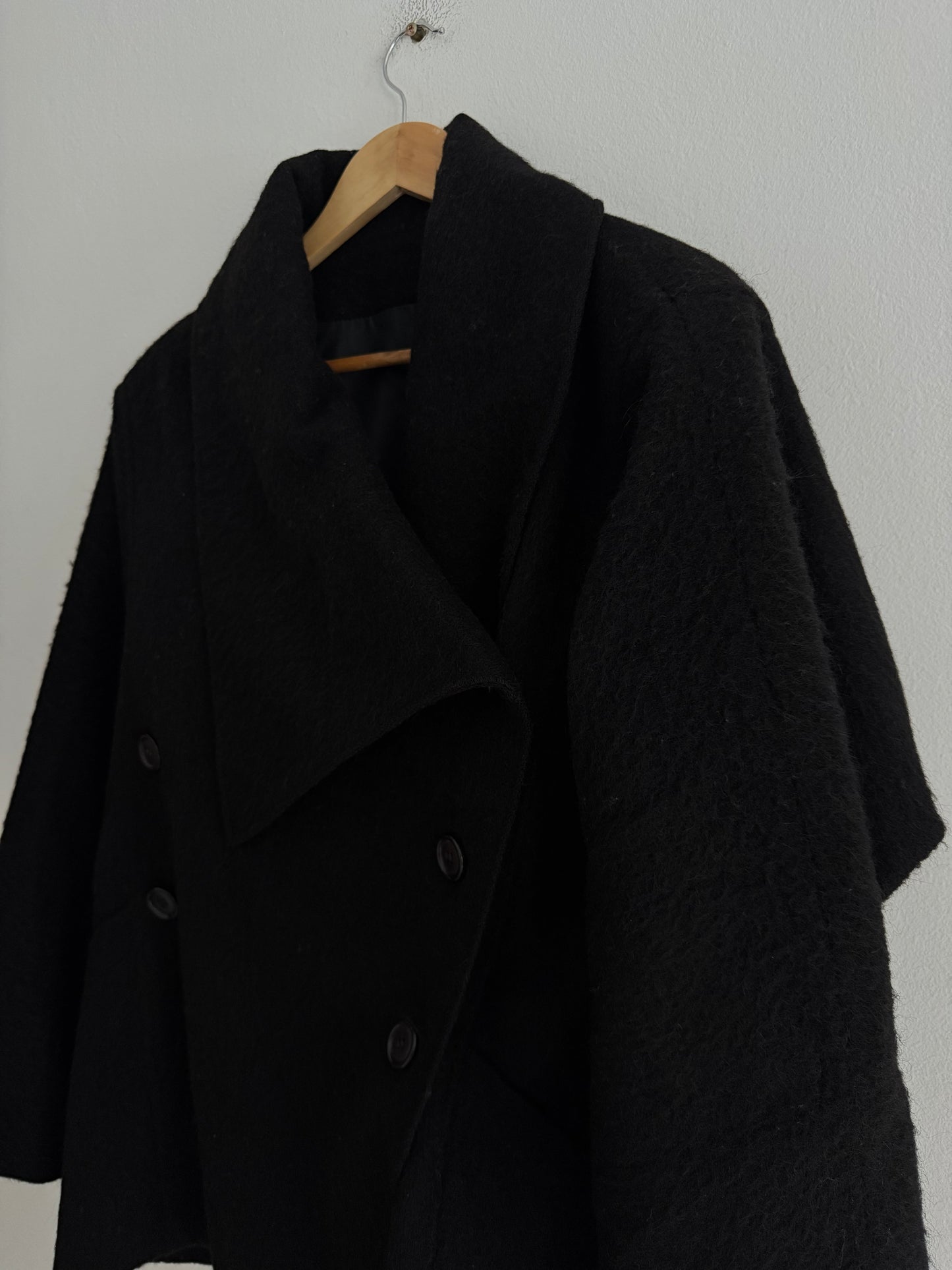 🐐 Palton Scurt Vintage Asimetric Negru din Mohair și Lână Pură – IT 46 (L Damă)