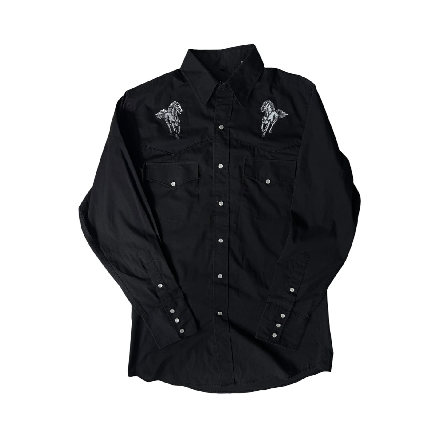 🤠 Cămașă Cowboy Vintage Neagră | broderie Cal & Nasturi Snap – S Bărbați