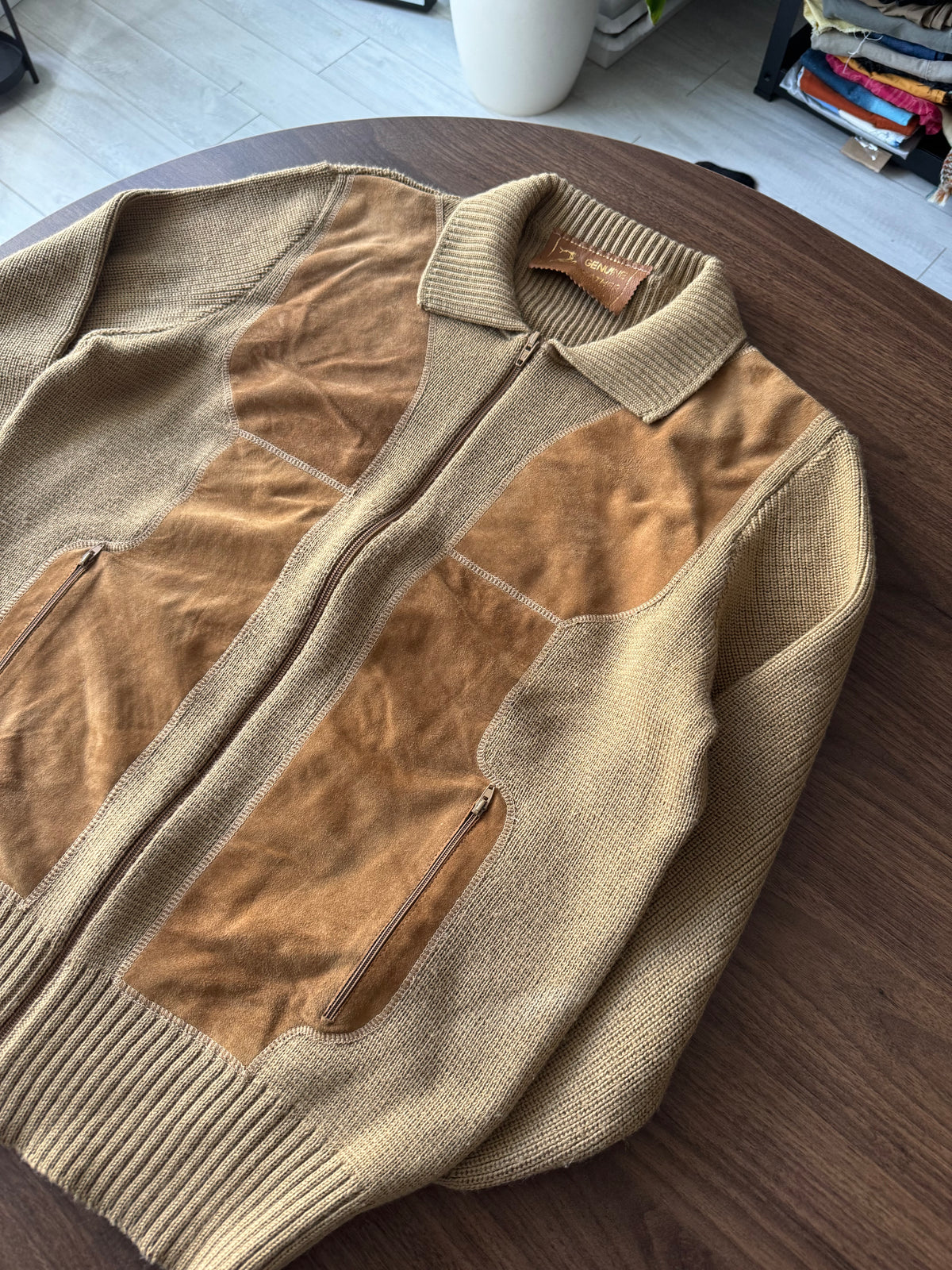 Cardigan Lână Crem Vintage Bărbați | Piele Întoarsă | L (50)