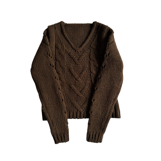 🧶 Pulover Vintage Damă Maro Închis din Lână cu Guler V – aprox. S / M