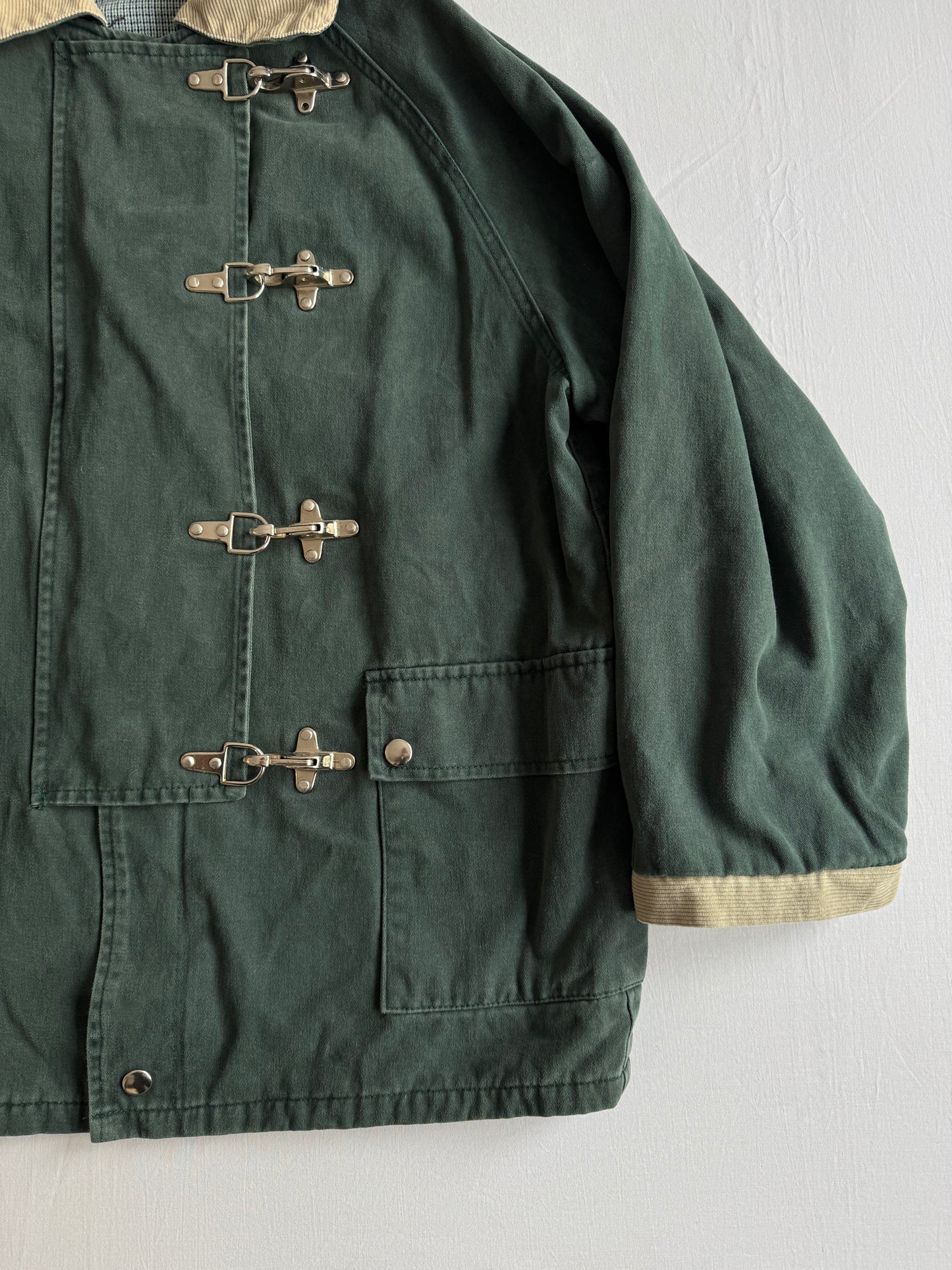 👨‍🚒 Jachetă Vintage Verde Închis din Bumbac cu Guler din Catifea Reiată – Marimea L Bărbați