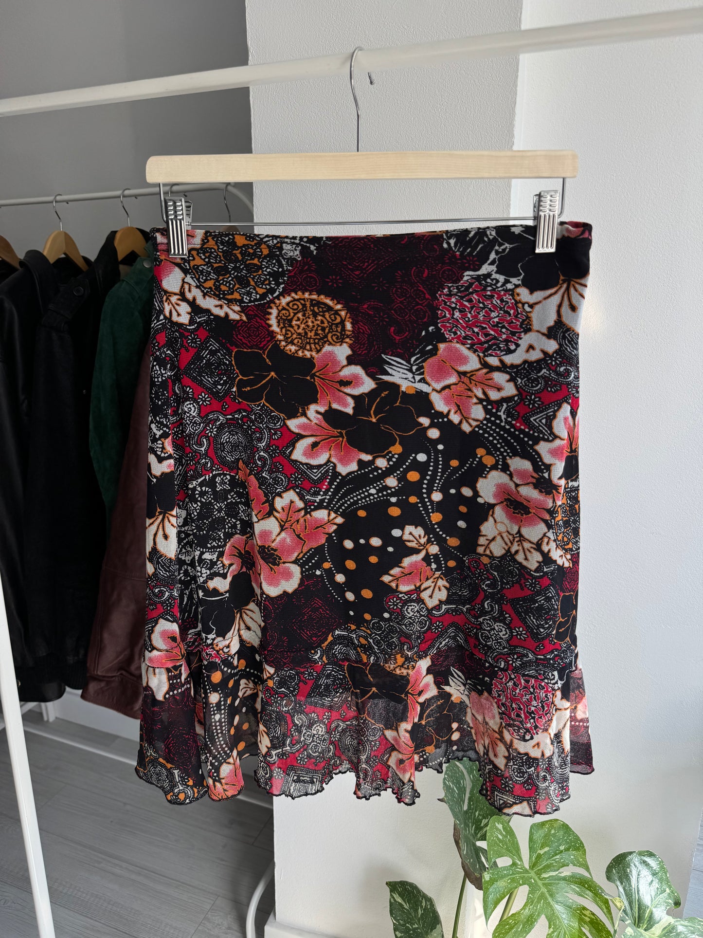 🌸 Fustă Y2K Floral Printed Mesh – S Damă