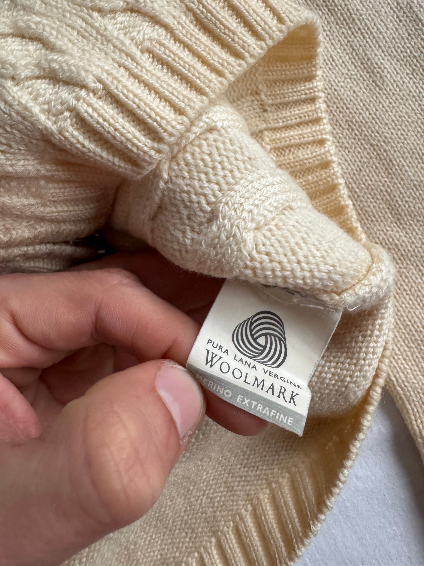 🐑 Pulover Vintage Damă Alb Natural din Lână Merino Extra Fine cu Fermoar Full Zip – M