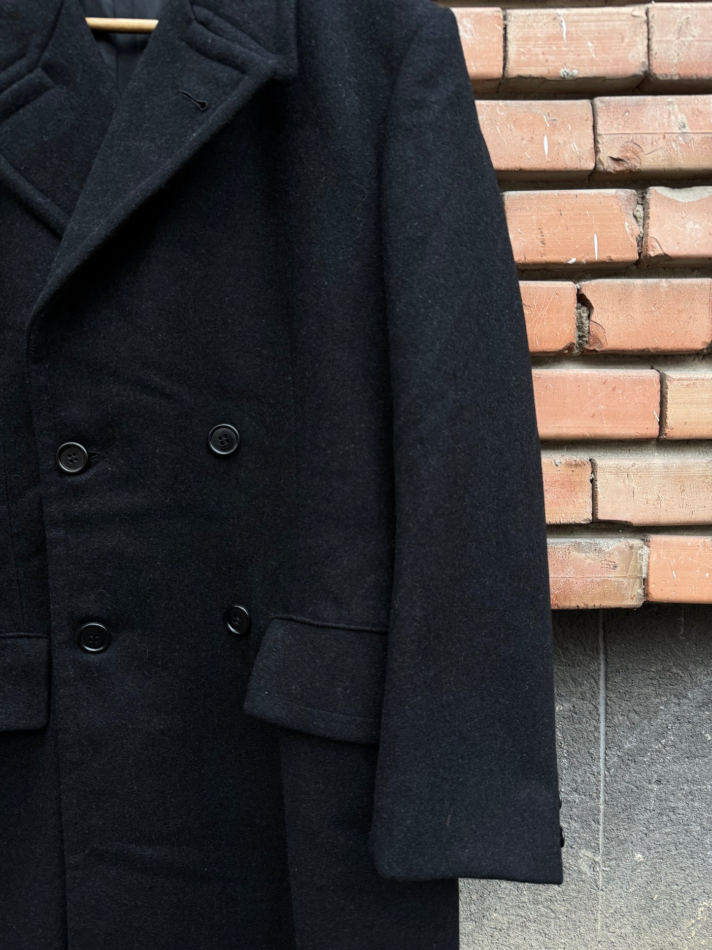 🧥 Palton Vintage Bărbați Negru Double Breasted din Lână Pură – Marimea EU 50 (L)