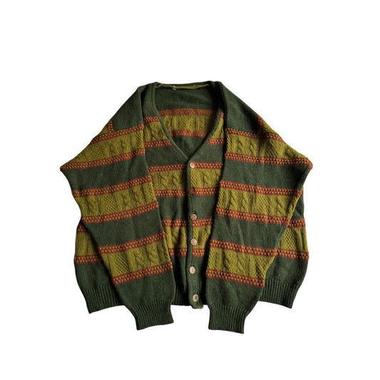 🧶 Cardigan Vintage Bărbați Verde cu Dungi din Lână Virgină, Alpaca și Acril – XL