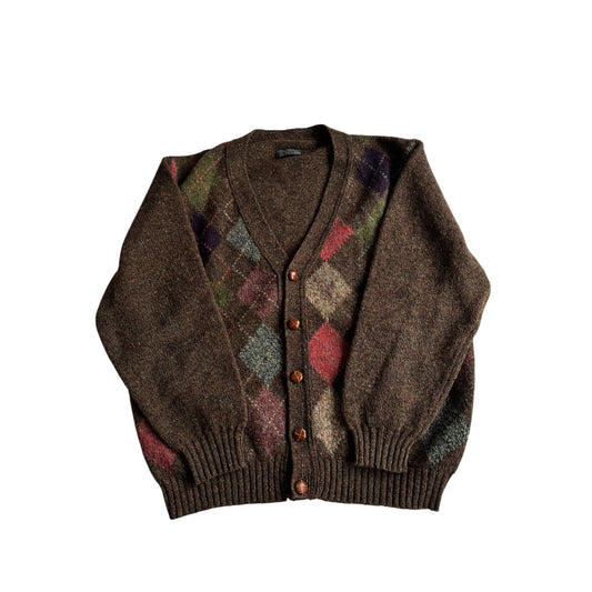 🧶 Cardigan Vintage Bărbați Maro din Lână Virgină cu Pattern Argyle – M