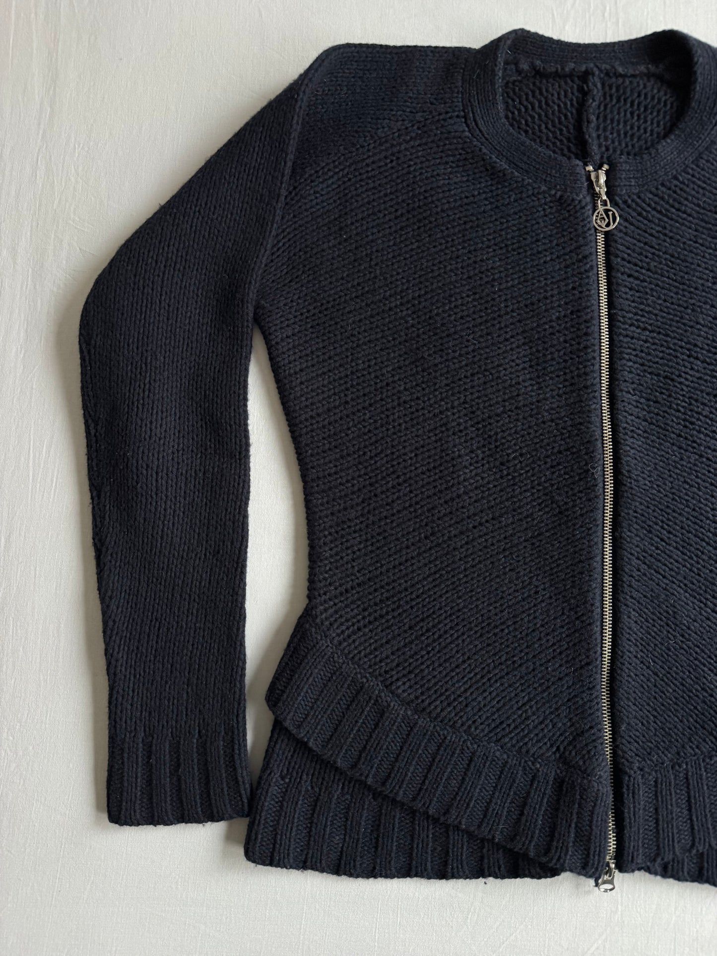 🧶 Cardigan Vintage Damă Armani Jeans Dark Navy din Lână și Bumbac – aprox. M /