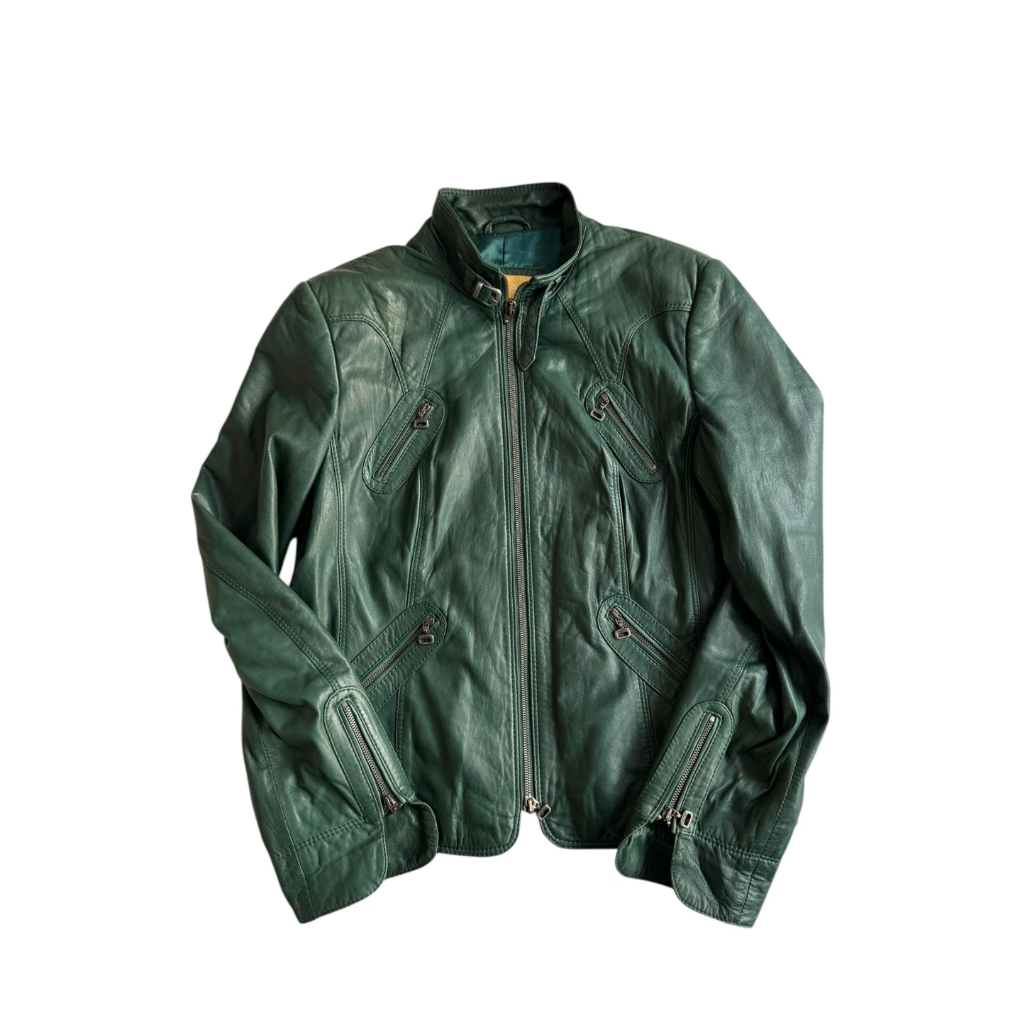 🏍️ Jachetă Biker Y2K din Piele de Miel Verde – EU 38 (M Damă)