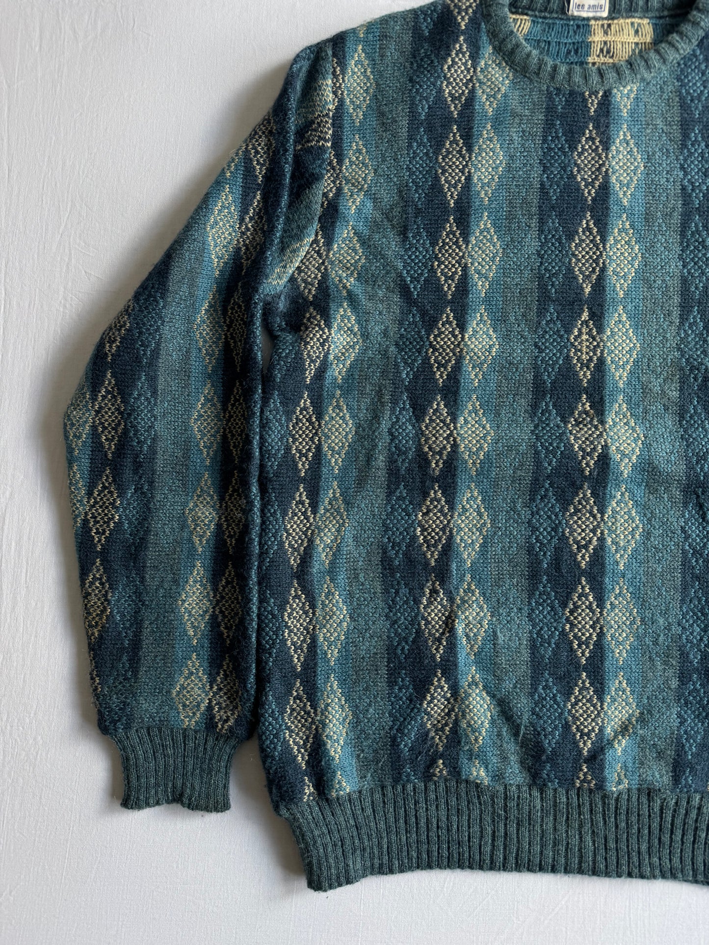 🧶 Pulover Vintage Albastru cu Model din Blend Lână & Alpaca – L (52)
