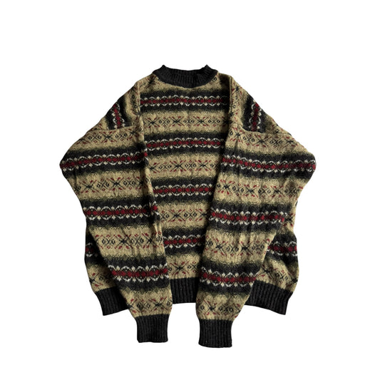 🧶 Pulover Vintage cu Model Etnic din Lână Virgină cu Guler Mock – L