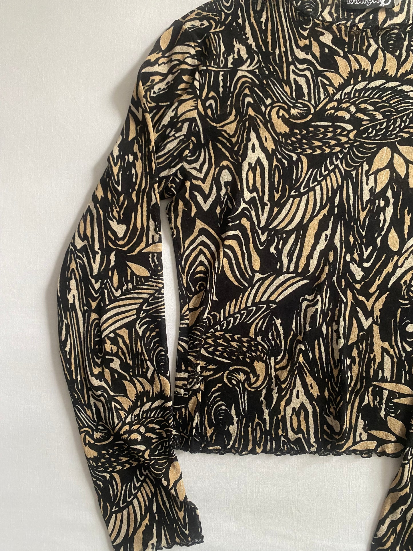 🖤 Top Vintage Mesh cu Mâneci Lungi – Print Abstract, Mărime L