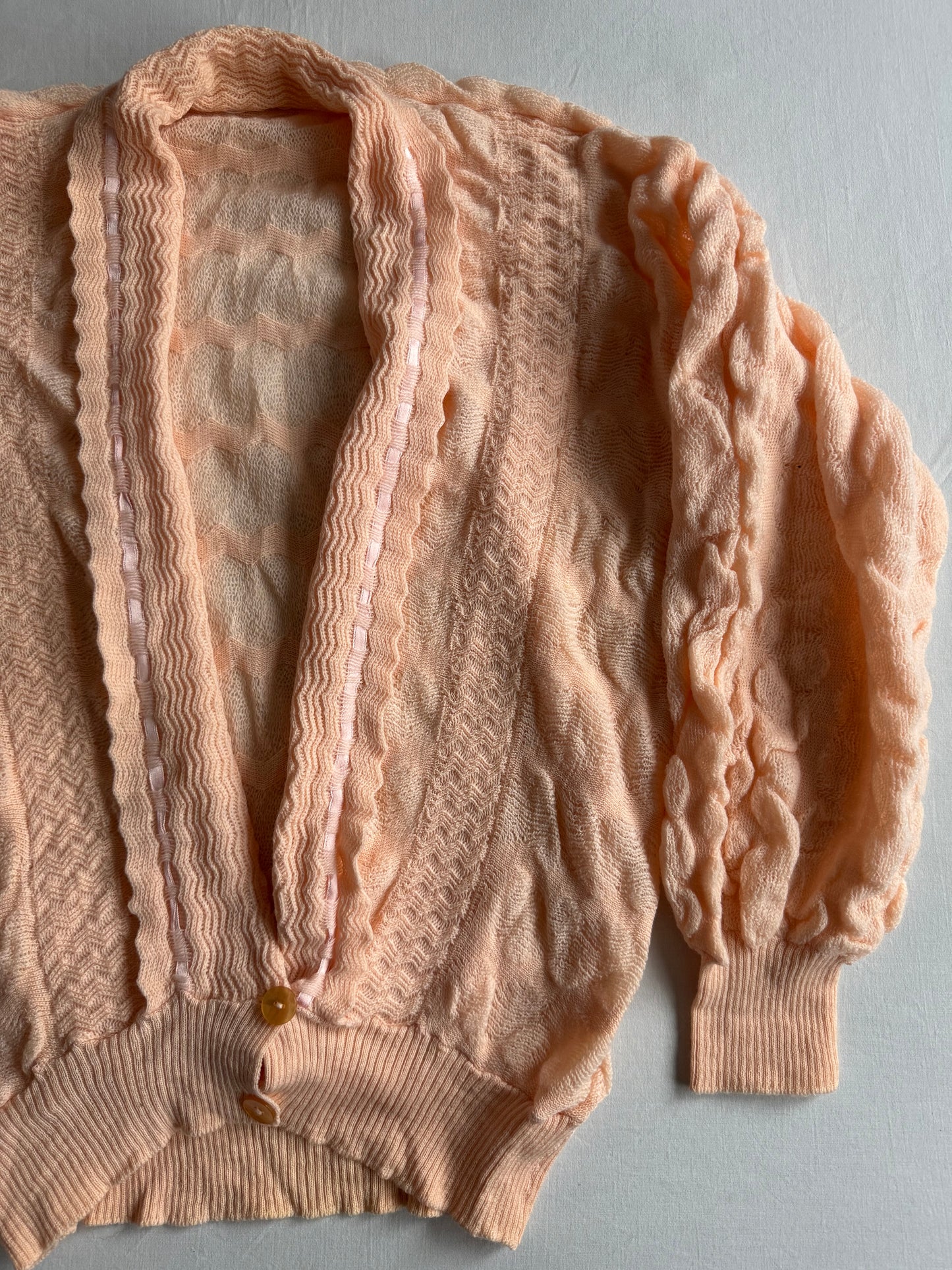 🧶 🍣 Cardigan Vintage Damă 70’s Salmon Pink-Orange din Lână Virgină – aprox. M / L