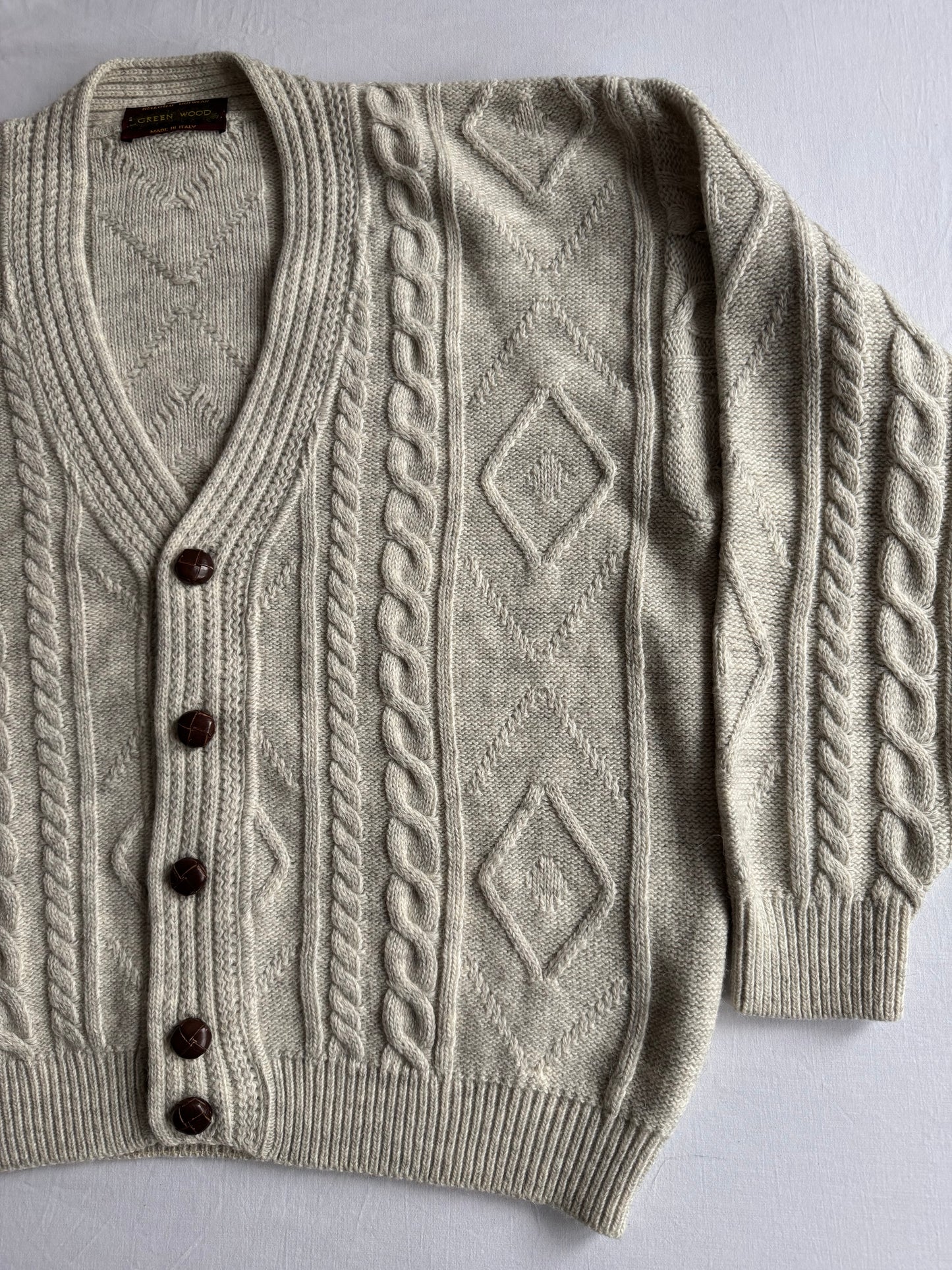 🧶 Cardigan Vintage Bărbați Gri Cable Knit din Lână, Alpaca și Acril – L