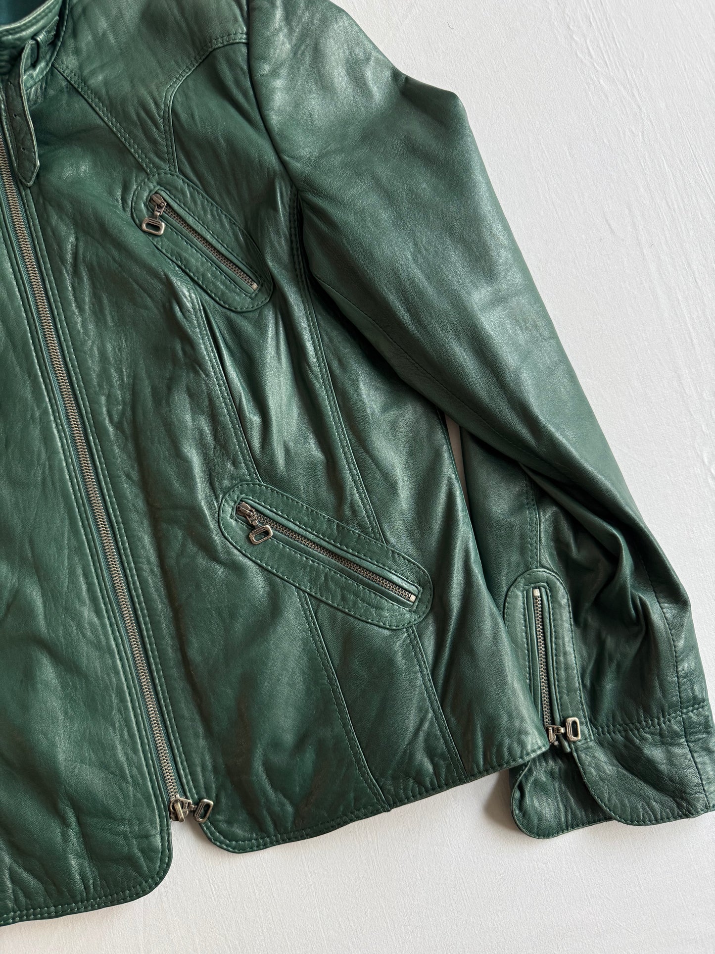 🏍️ Jachetă Biker Y2K din Piele de Miel Verde – EU 38 (M Damă)