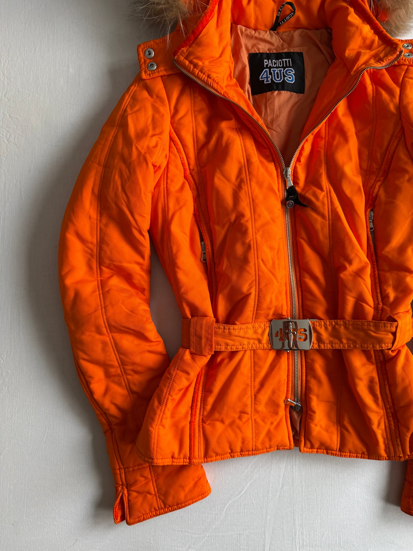 🍊 Jachetă Y2K Portocalie 4US by Cesare Paciotti cu Glugă din Blană Naturală – M Femei