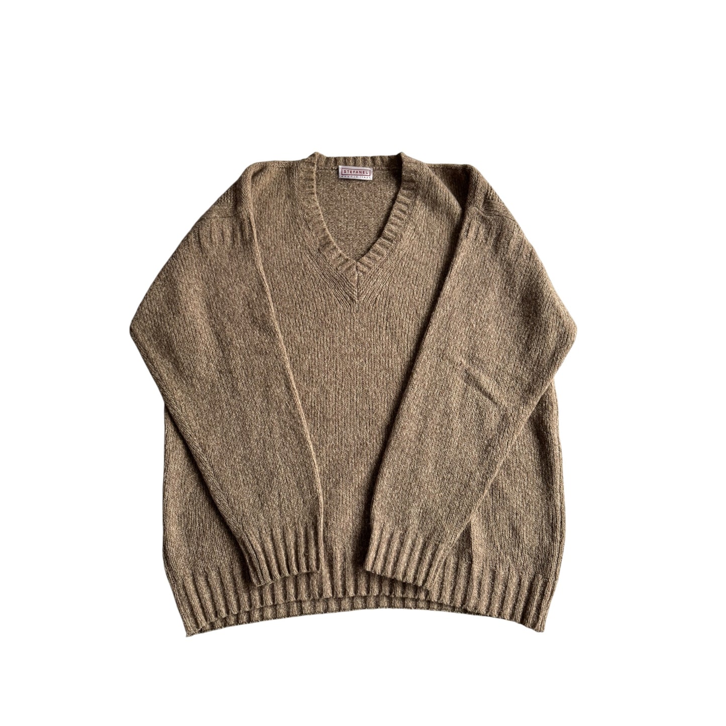 🧶 Pulover Vintage Bărbați Stefanel Oatmeal Brown cu Guler V din Blend de Lână – L