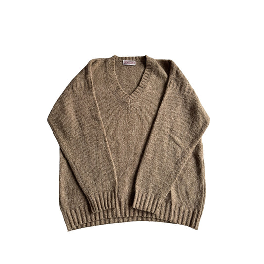 🧶 Pulover Vintage Bărbați Stefanel Oatmeal Brown cu Guler V din Blend de Lână – L