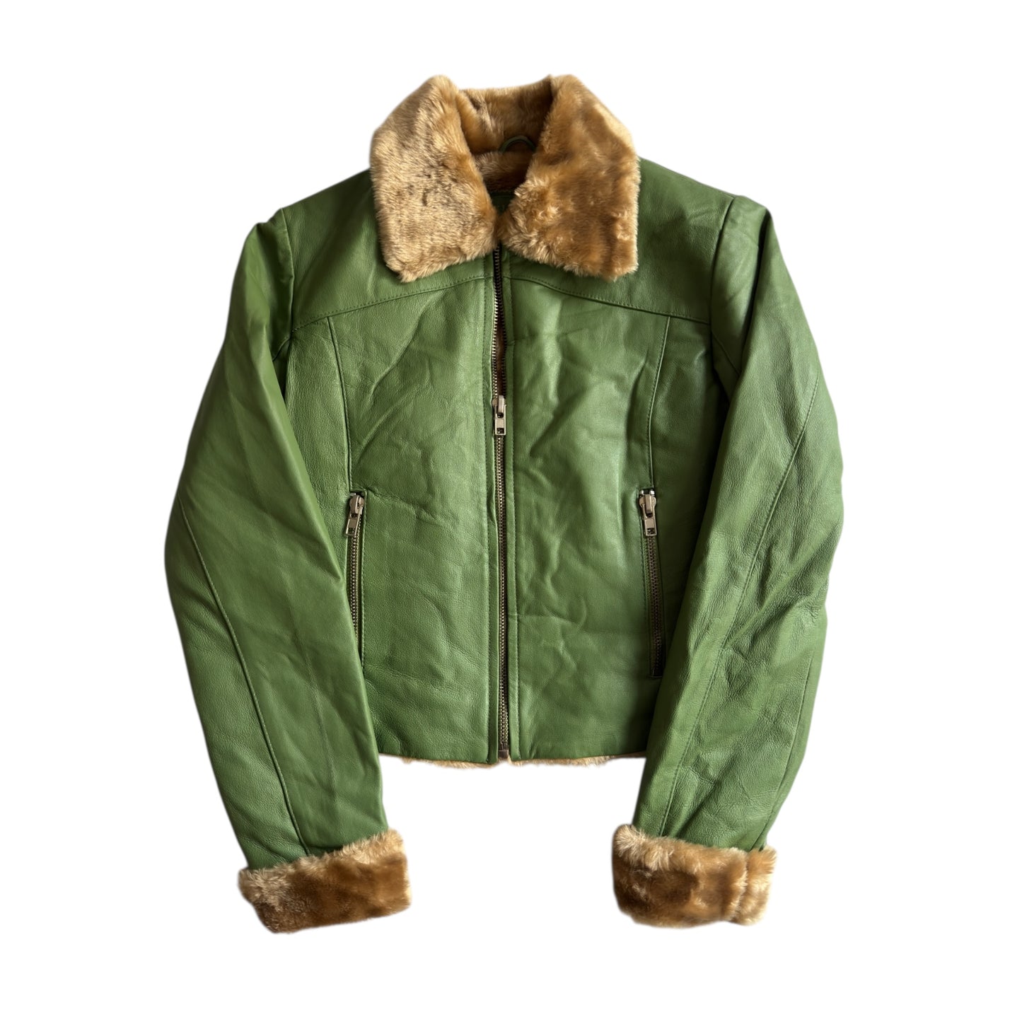 🍃 Geacă Y2K din piele verde cu guler shearling artificial – mărimea L femei