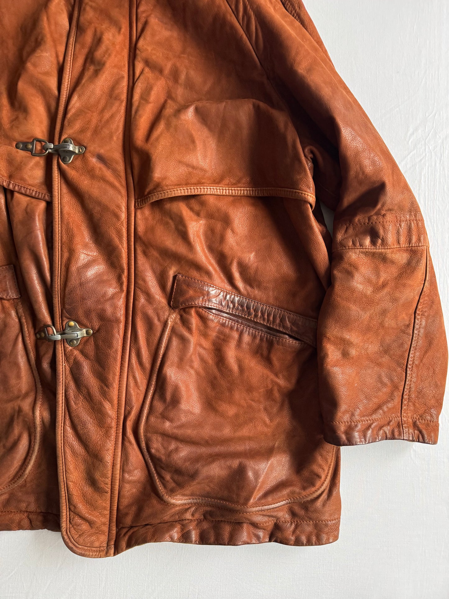🧥 Geacă Vintage Bărbați Maro din Piele Full Grain cu Fireman Clasp și Glugă Detașabilă – XL