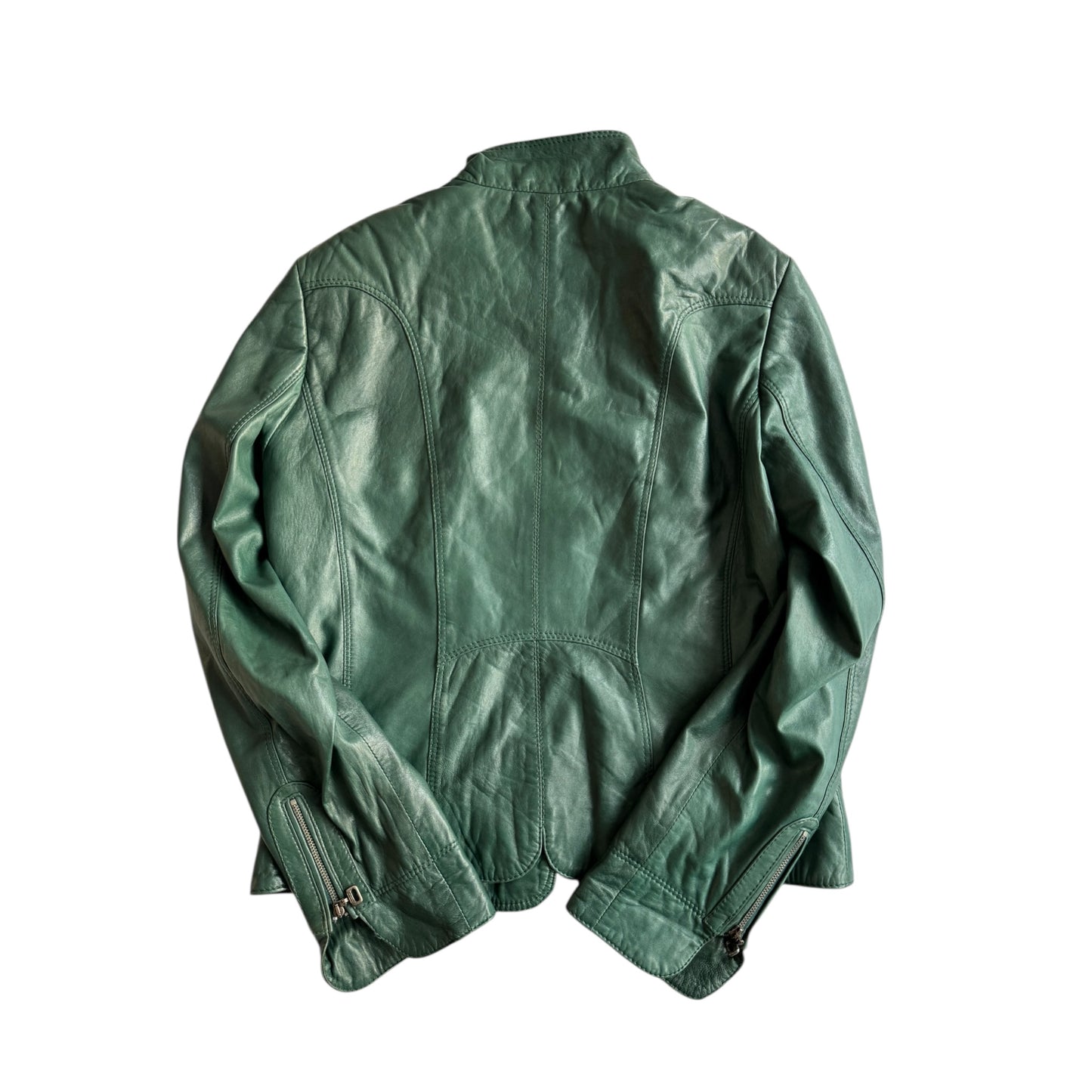 🏍️ Jachetă Biker Y2K din Piele de Miel Verde – EU 38 (M Damă)