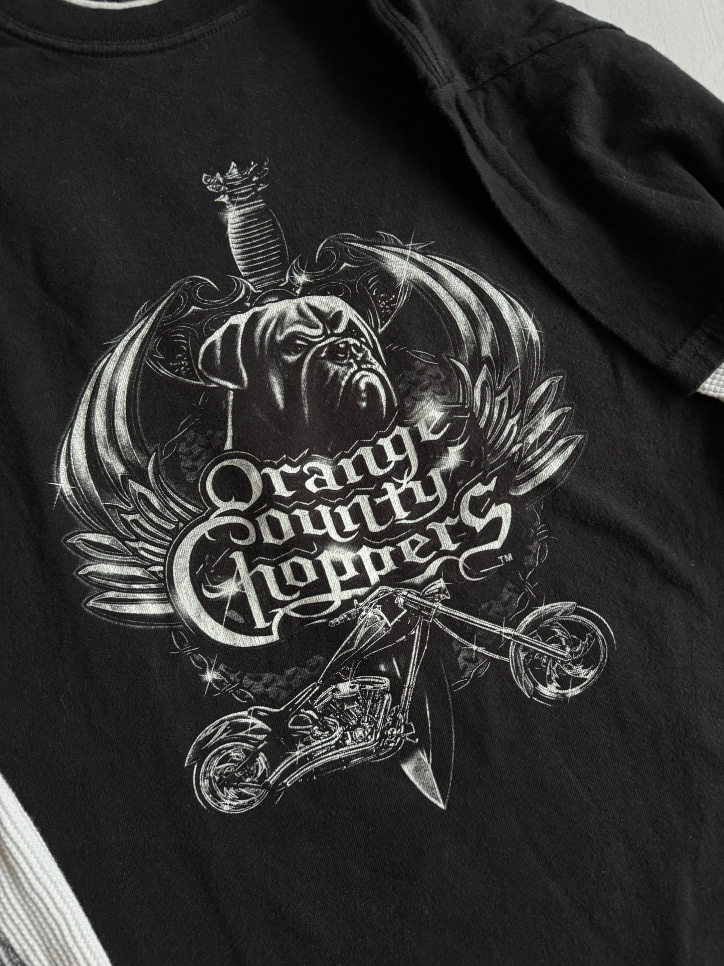 🛠️ Bluză Y2K Neagră cu Mâneci Thermal Waffle Orange County Choppers – M