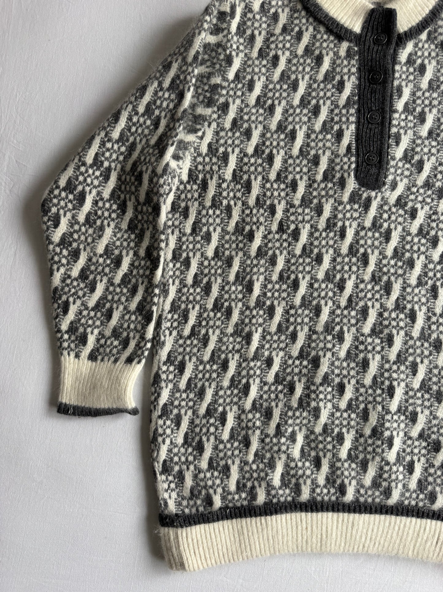 🧶 Pulover Vintage Damă Gri Texturat din Lambswool și Angora – S