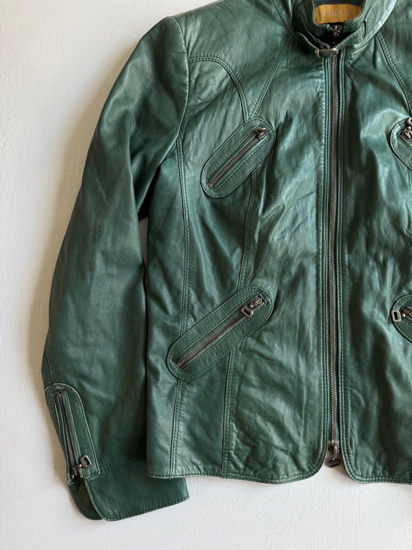 🏍️ Jachetă Biker Y2K din Piele de Miel Verde – EU 40 (L Damă)