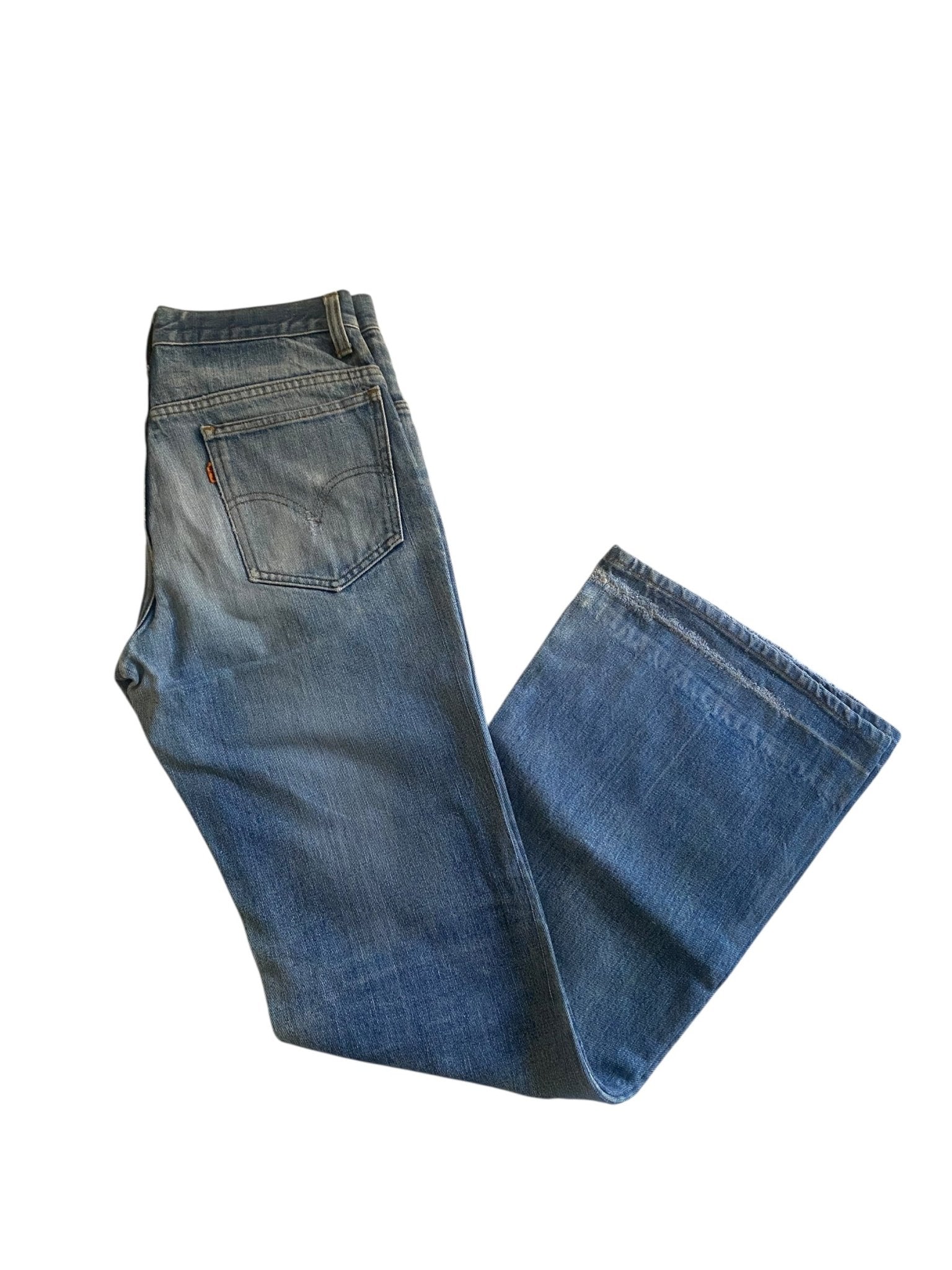 70's Vintage Levi's Orange Tab Light Wash Repaired Flared Jeans - anbracaminte