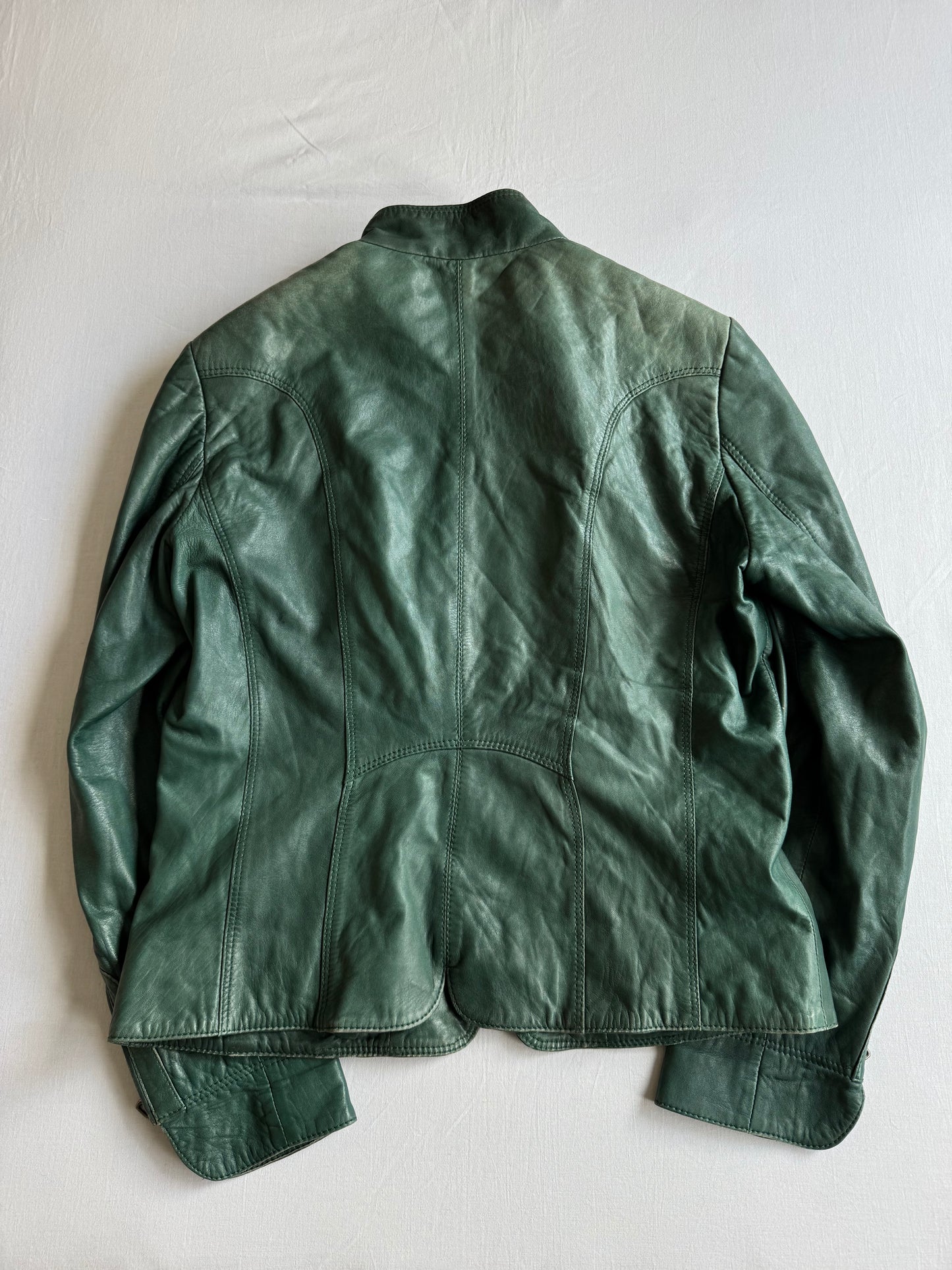 🏍️ Jachetă Biker Y2K din Piele de Miel Verde – EU 40 (L Damă)