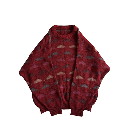 🧶 Pulover Vintage Bărbați Roșu Închis 3D Knit din Lână, Alpaca și Acril – L