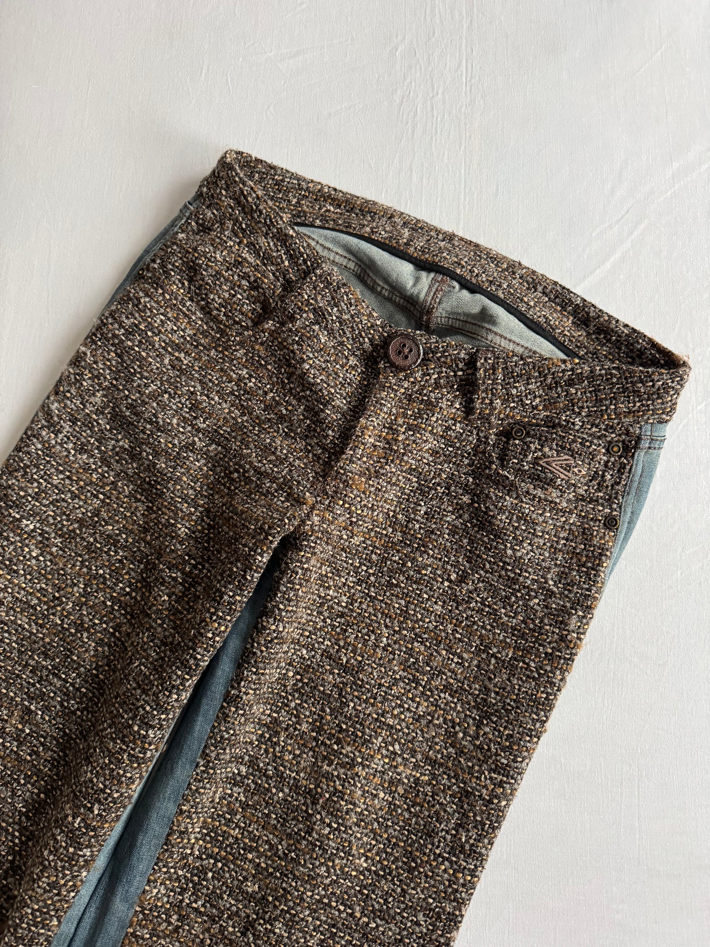 🪵 Jeans Y2K Damă Flared din Tweed și Denim – US 28