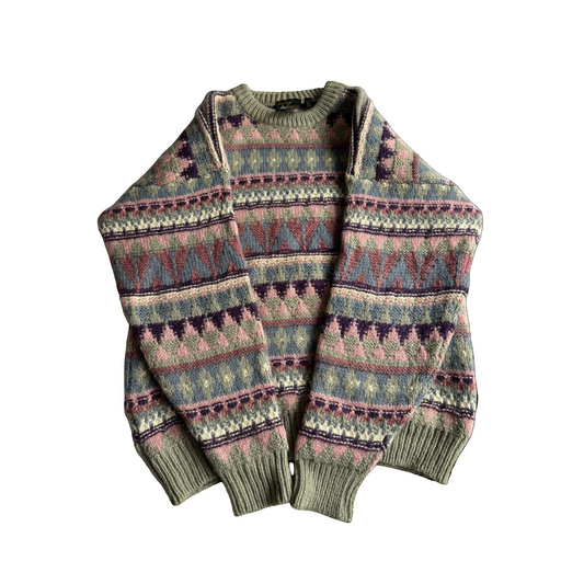 🧶 Pulover Vintage Bărbați cu Model Etnic din Lână Virgină – XL