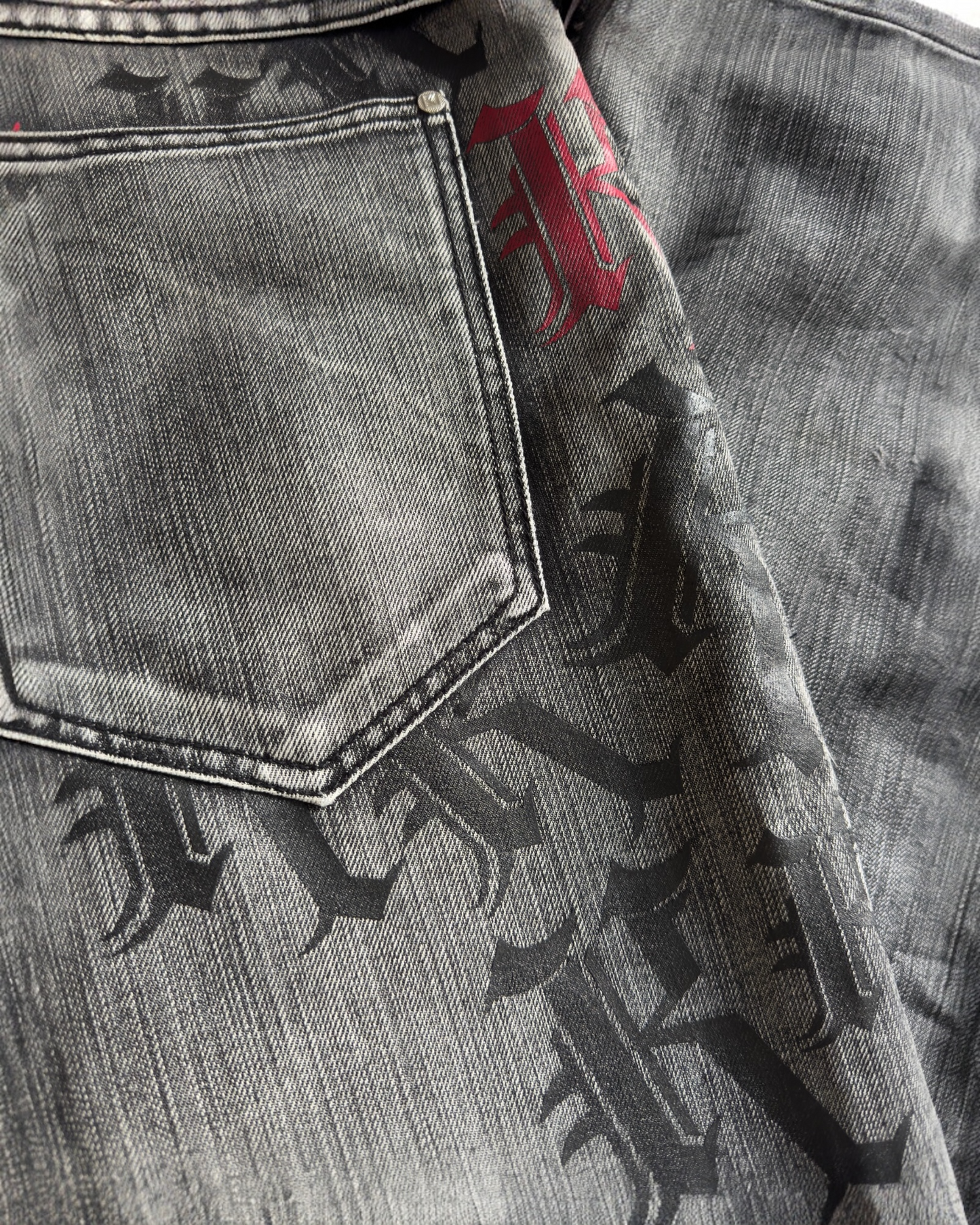 🎙️ Y2K Karl Kani Washed Black Baggy Jeans – W36 x L34 – Embroidered & Printed Details