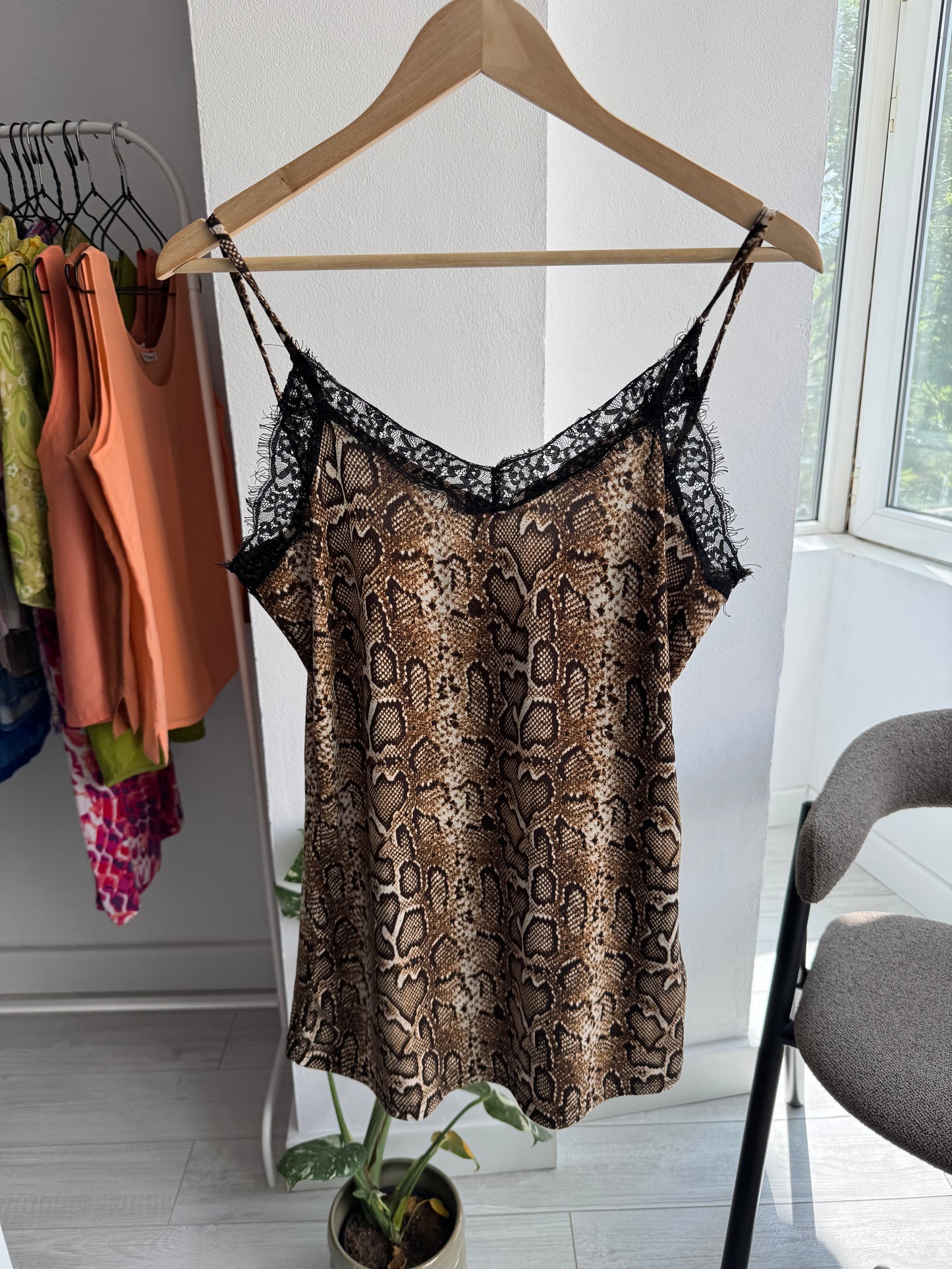 🐍 Cami Top Snakeskin Print Y2K | Stretch – M/L Damă
