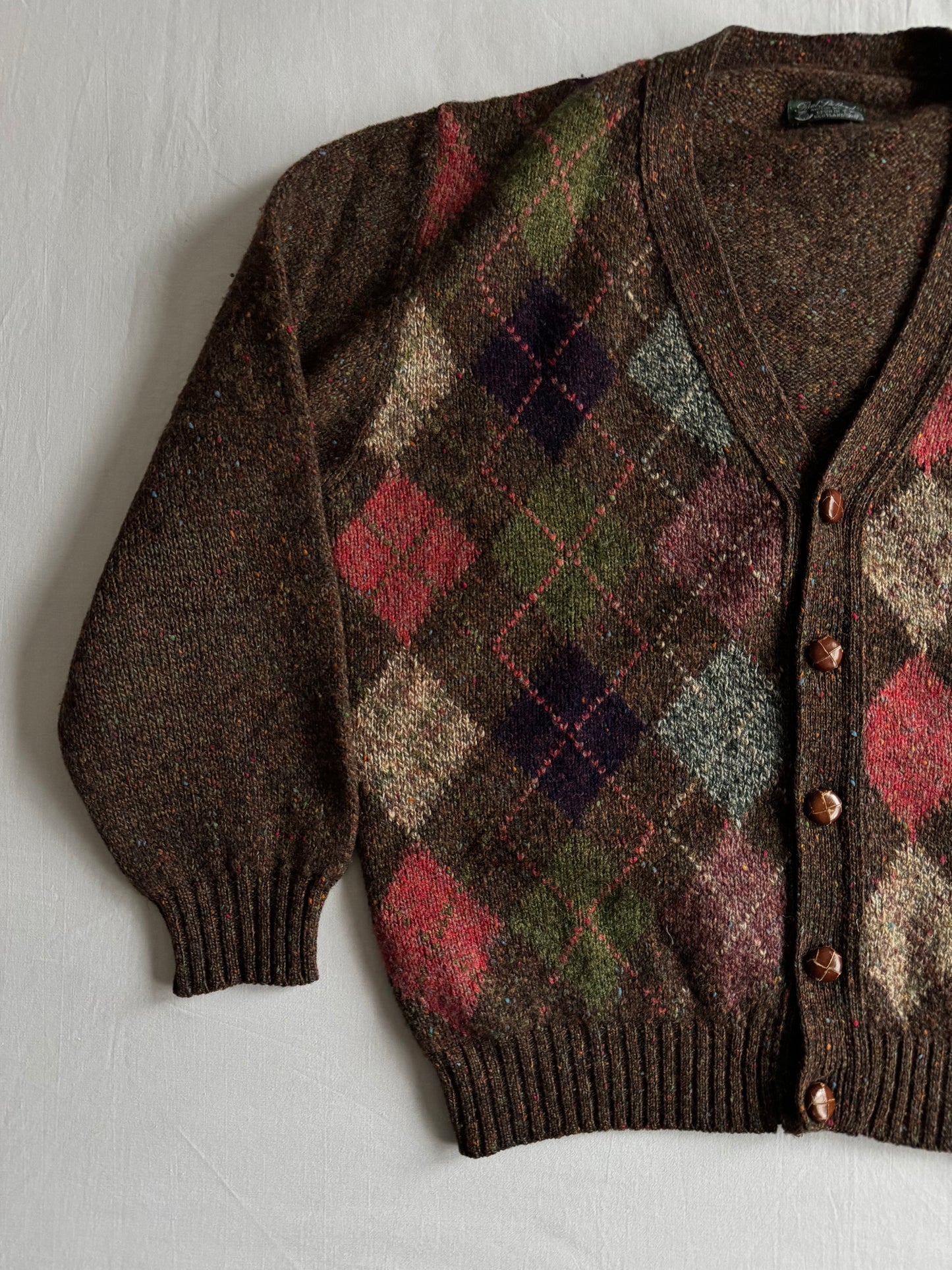 🧶 Cardigan Vintage Bărbați Maro din Lână Virgină cu Pattern Argyle – M