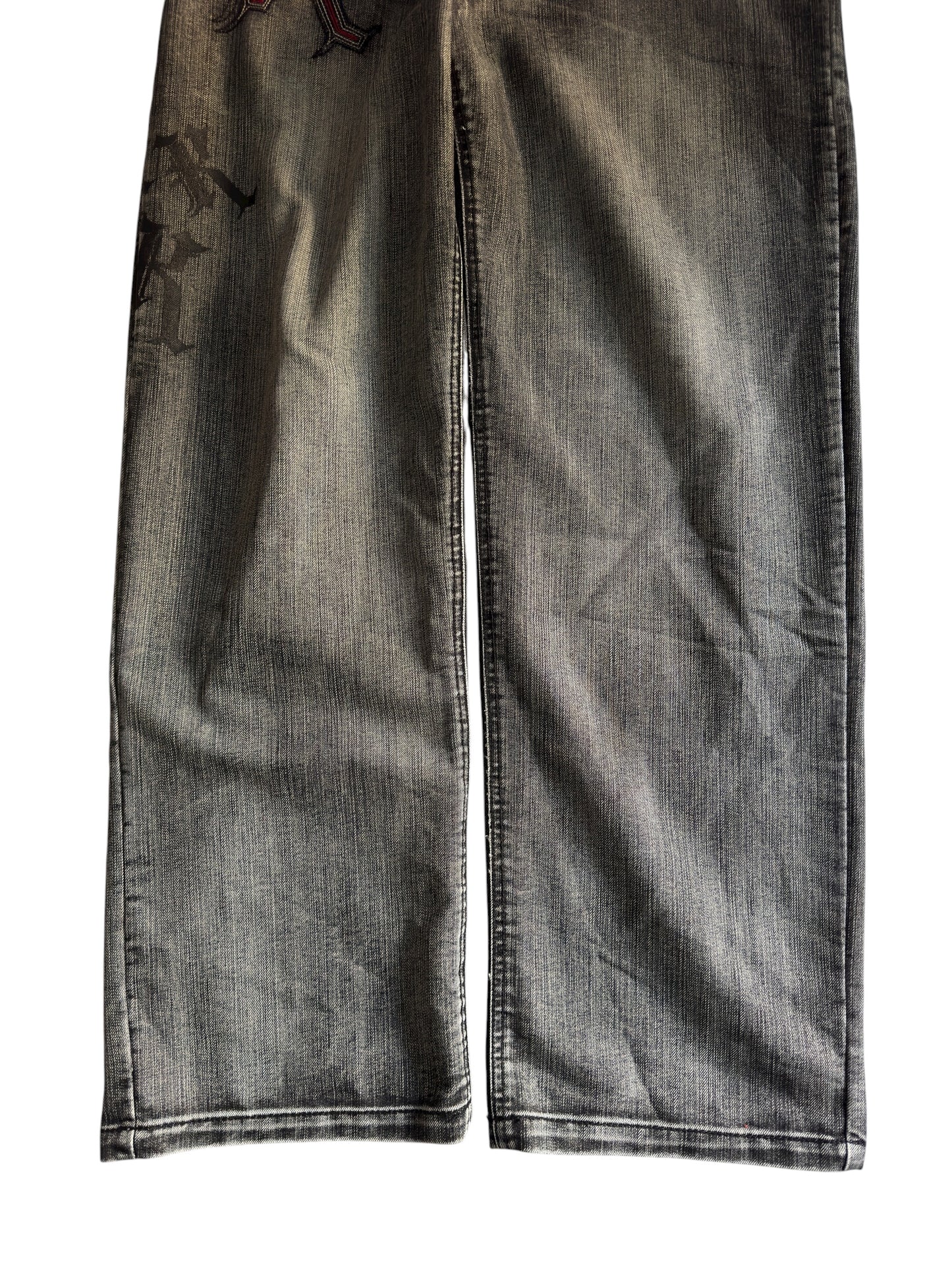 🎙️ Y2K Karl Kani Washed Black Baggy Jeans – W36 x L34 – Embroidered & Printed Details