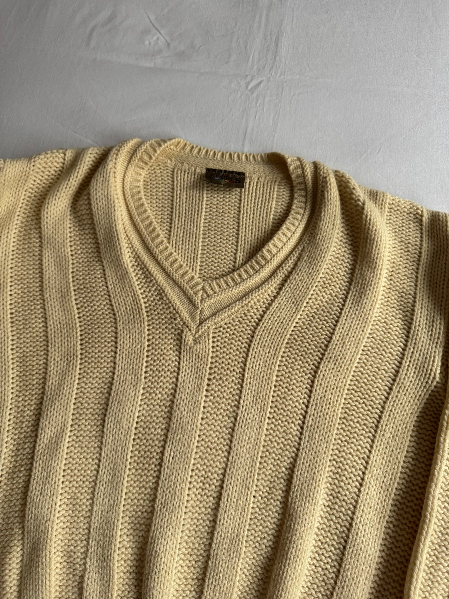 🧶 Pulover Vintage Bărbați Alb Natural cu Decolteu în V din Blend Lână – 48 (M)