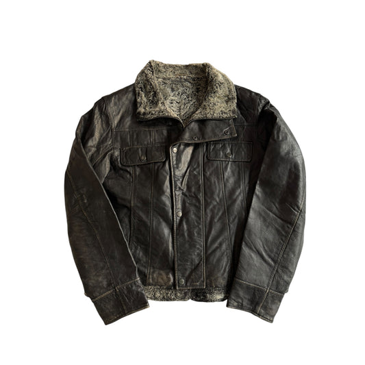 🧥 Jachetă Y2K Cropped din Piele cu Căptușeală Sherpa – 48 (M Bărbați)