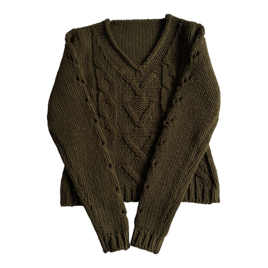 🧶 Pulover Y2K Damă Verde Închis cu Guler V din Lână – aprox. S / M