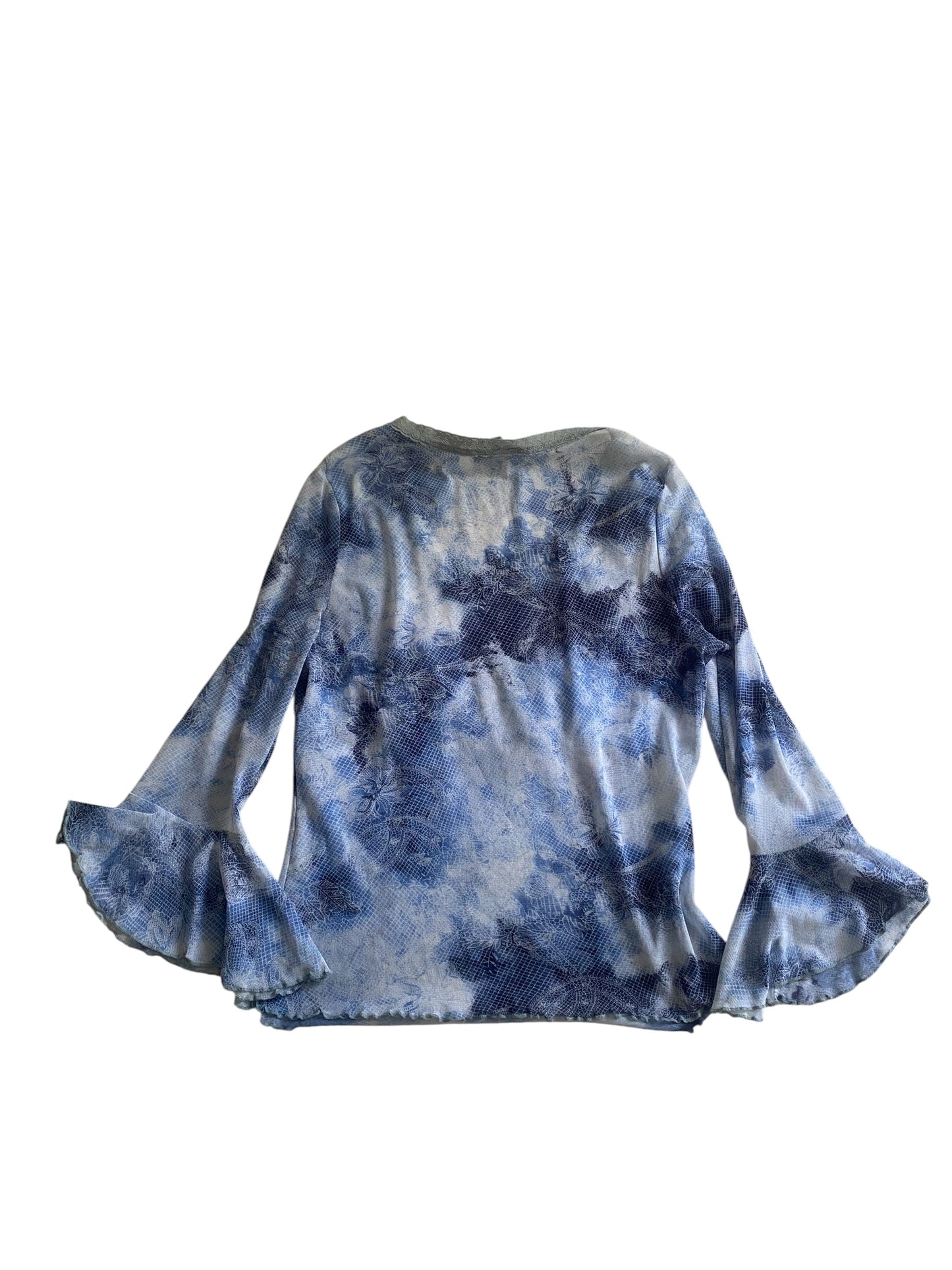 👚 Top Y2K Bebe din Mesh Alb cu Aqua Blue – Mâneci 3/4 – Mărime L
