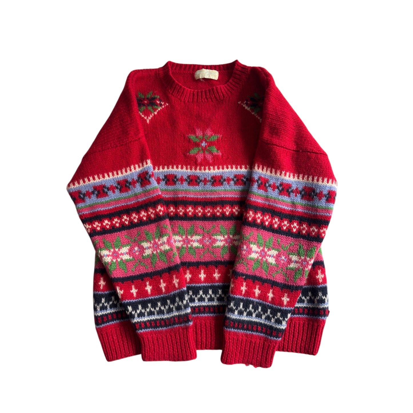 ❤️ Pulover Vintage Roșu cu Model Festiv – 100% Lână – Mărime M