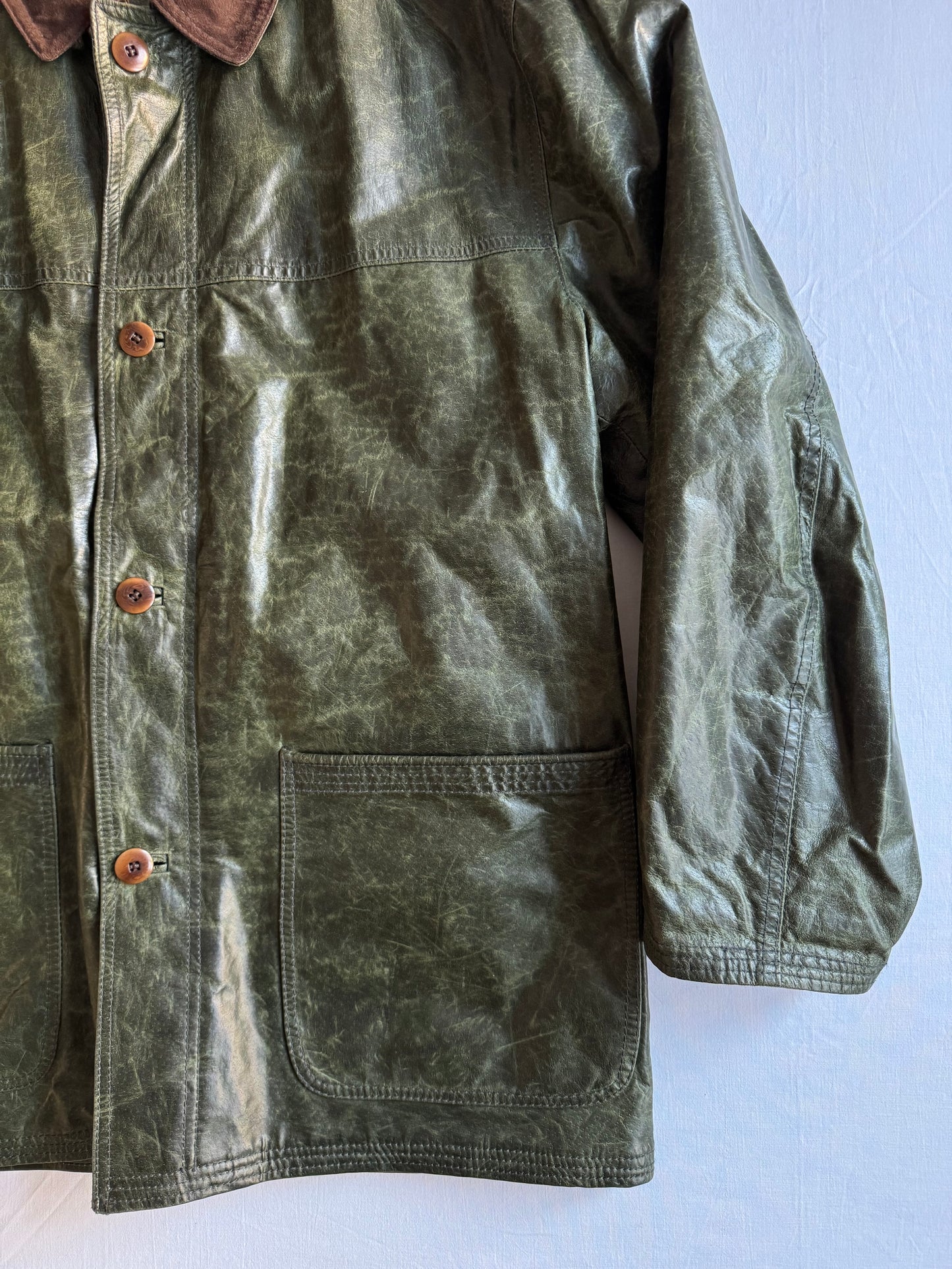 🌳 Chore Coat Vintage din Piele Cerată Verde Închis – Mărime XL